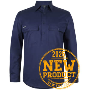 A navy long-sleeve work shirt with a close front and two chest pockets, featuring a branding logo.