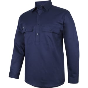 A navy long-sleeve work shirt with a close front, featuring two chest pockets and a logo.