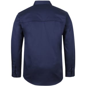 A back view of a navy long-sleeve work shirt featuring a button-up design and a logo.