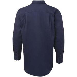 A navy long-sleeve work shirt with a button-down collar and back pleats. Features button cuffs and a branded logo.