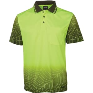 A bright green polo shirt with a web pattern, featuring a collar and a front pocket, plus a logo.
