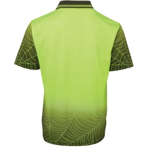 A high-visibility short-sleeve polo shirt in bright green with a black web design. Features a logo on the back.