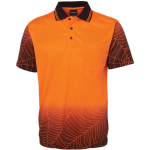 An orange and black polo shirt featuring a spiderweb design, with a collar and a pocket, and displaying a logo.