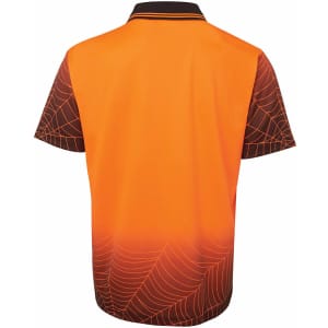 A high visibility short-sleeve polo shirt in orange with a black spider web design. Features a collar and branding.
