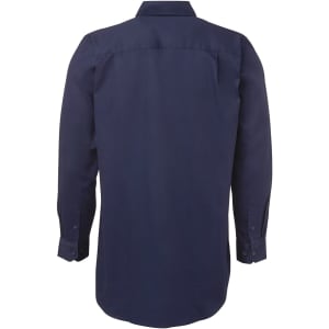 A navy long-sleeved work shirt featuring a close front design and buttoned cuffs, with a logo displayed.