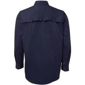 A long-sleeve work shirt in navy blue with a back yoke detail, featuring a buttoned collar and cuffs.