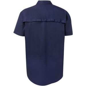 A navy short-sleeved work shirt with a back yoke detail and a logo on the side.