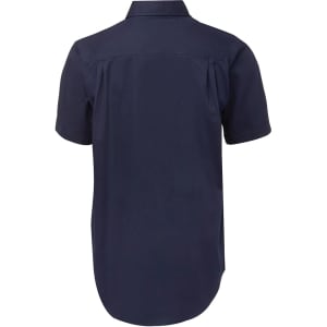 A navy short-sleeved work shirt with a back yoke and a curved hem, featuring a brand logo.