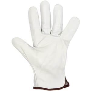 A white leather glove with a brown cuff, designed as part of a 12-pack of premium rigger gloves.