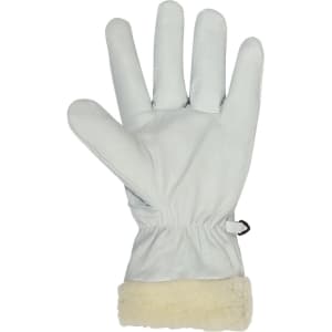 A light grey glove with a cream shearling cuff, featuring a fitted wrist. It has a branding logo.