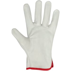 A grey leather glove with a red trim, featuring a palm and finger design, suitable for various tasks.