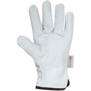 A pair of white leather gloves with a brown cuff, featuring a logo on the wrist area.