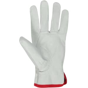 A pair of black and natural gloves with a vented design and red trim, featuring a textured palm.