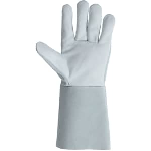 A light grey welder glove with a long wrist cuff, featuring a smooth leather finish and a branding logo.