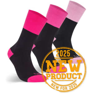 A pack of three pairs of work socks in black with pink accents. Features a logo on one sock.