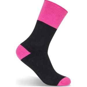 A black work sock with a pink upper and toe section, featuring a branding logo. Suitable for women's workwear.