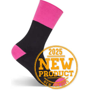 A pair of black work socks with a pink cuff. The image has a logo badge in the corner.