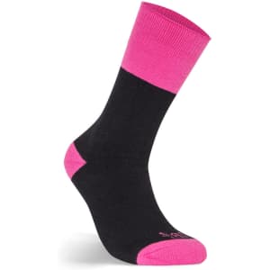 A pair of work socks, featuring a black body with a pink cuff and toe. The product has a logo.