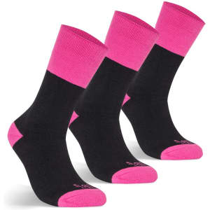 Three pairs of black work socks with pink tops are displayed together. Each sock features a branding logo.