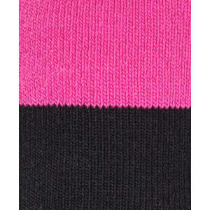 A close-up of knitted fabric featuring bold pink and black stripes, ideal for socks.