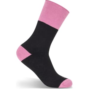 A black work sock with a pink cuff, featuring a logo on the side. Suitable for workwear convenience.