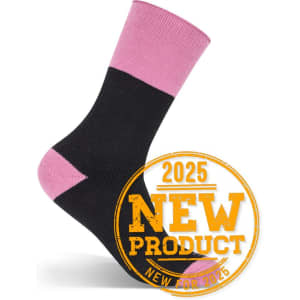 A black work sock with a pink cuff, featuring a logo, displayed upright.
