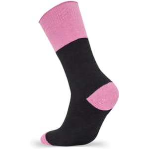 A black work sock with a pink cuff and heel, designed for ladies. It features a logo on the side.