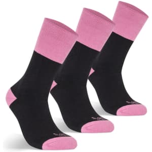 A pack of three ladies' work socks in black with pink accents. Features a logo on the socks.