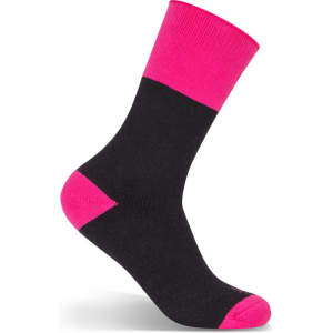 A pair of black work socks with a pink band at the top and a pink heel and toe. The socks are displayed upright.
