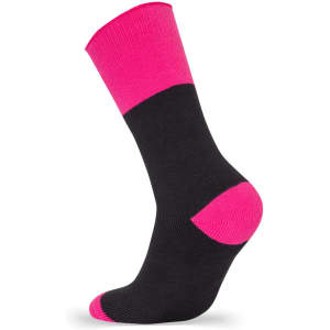 A black work sock with a pink top and pink heel, featured in a promotional product image.