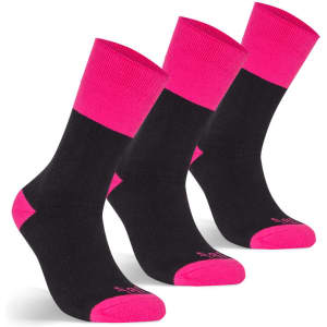 A pack of three black work socks featuring bright pink tops. Each sock has a logo on the side.