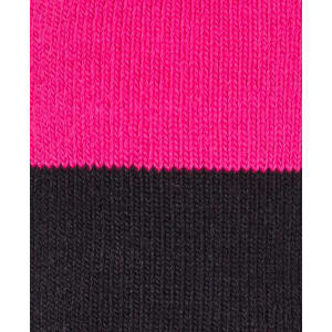 A close-up of a textile featuring pink and black stripes, part of a women's work sock. The image includes a logo.