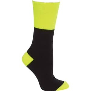 A black and high-vis yellow work sock with a reinforced toe and heel. Features a logo on the side.