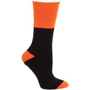 A black and orange work sock with a snug fit, featuring a contrasting colour block design and a logo.
