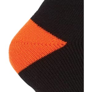 A close-up of a black sock featuring an orange heel and toe section, designed for workwear.