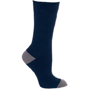 A navy blue work sock featuring a grey heel and toe, displayed in a side view.