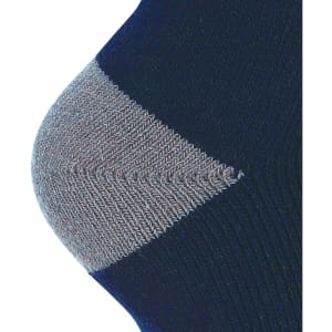 A close-up of a dark blue sock with a grey ribbed cuff, featuring a logo.