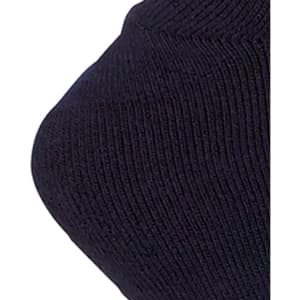 A close-up of a navy blue work sock made from bamboo, featuring a textured knit and a logo.