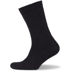A black bamboo work sock with a ribbed cuff, featuring a logo on the side.