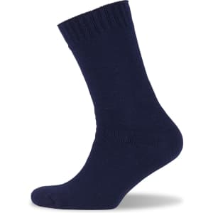 A navy blue bamboo work sock featuring a thick, comfortable design and a ribbed cuff.