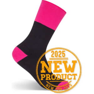 A pair of ultra-thick work socks in black with pink accents, featuring a logo on the side.