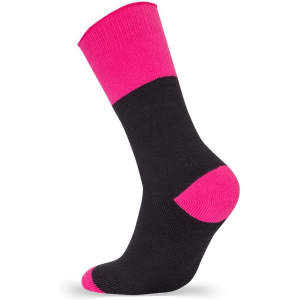 A black and pink ultra thick bamboo work sock with a reinforced heel and toe. It features a logo on the side.