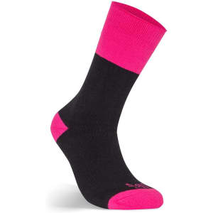 A black and pink work sock with ribbed texture and a logo on the side, designed for women's wear.
