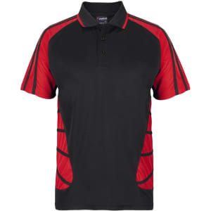 A black and red polo shirt featuring a logo and contrasting side panels.