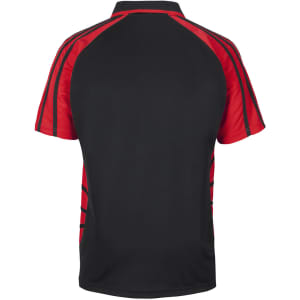 A polo shirt featuring a black body with red accents and a logo on the front.