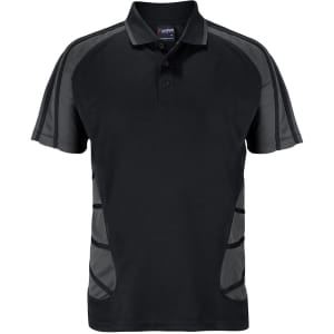 A black polo shirt with grey accents, featuring a collar and buttons. It includes a logo on the upper section.
