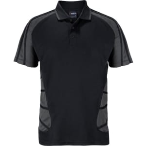 A black polo shirt with grey accents and a logo, featuring short sleeves and a collar.