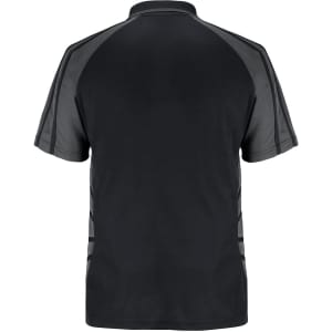 A black polo shirt featuring a sleek design with contrasting grey accents and a logo on the back.