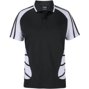 A black and white polo shirt with short sleeves and a branded logo on the chest.