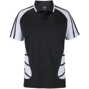 A black and white polo shirt featuring a sporty design and a logo on the upper front.